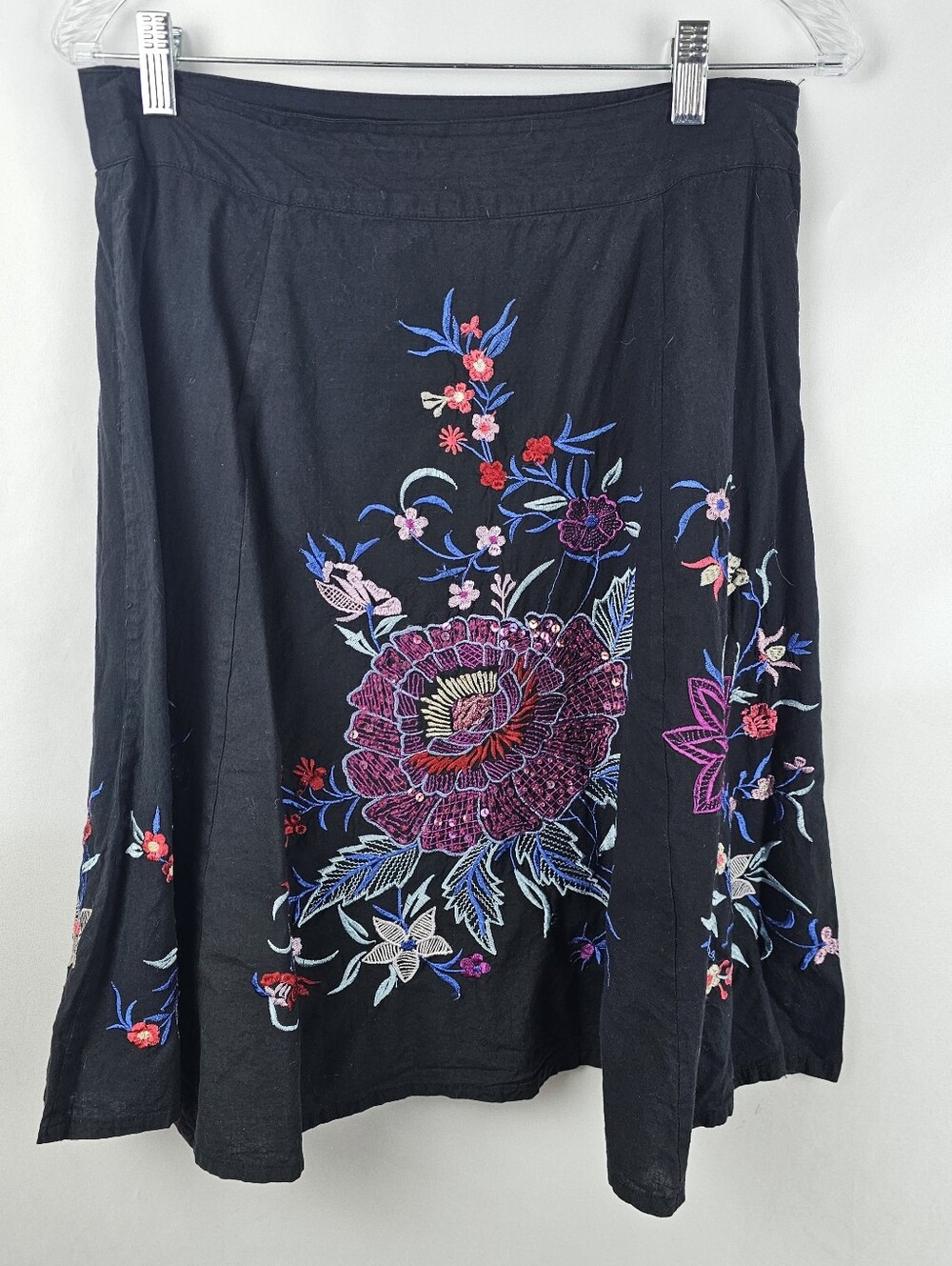 Uttam London Black Embroidered Floral A-Line Midi Skirt Women's Sm Feminine